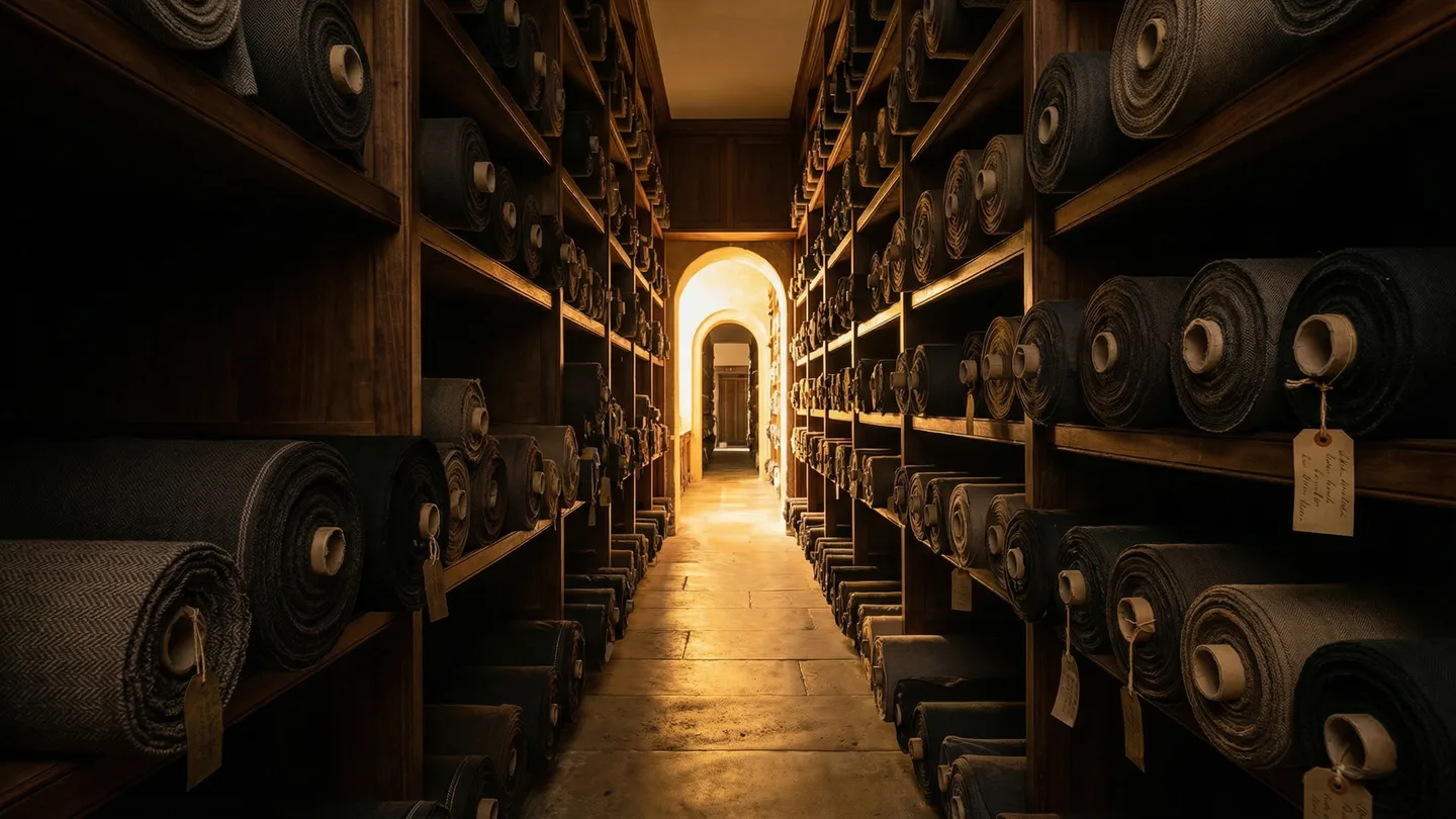 Textile archive corridor with warm golden light